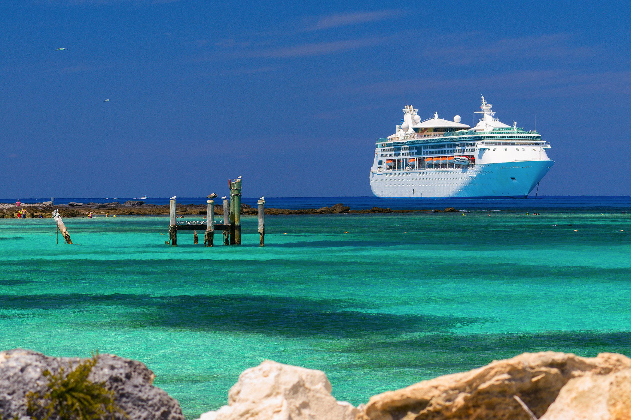 cruise ship anchored in the caribbean.