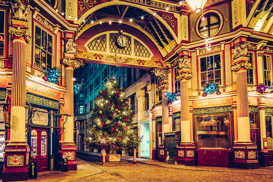  leadenhall market in london with christmas decoration. victorian arcade of the market, built 19th century london
