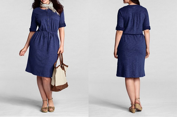 Lands' End Plus Size Roll Sleeve French Terry 2-Pocket Dress