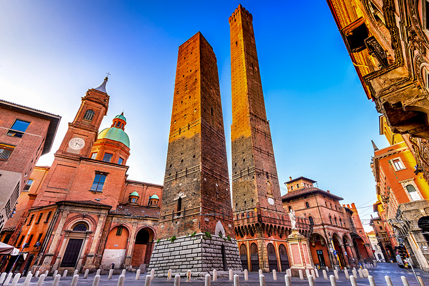 Two Towers (Due Torri), Asinelli and Garisenda, symbols of medieval Bologna towers. 