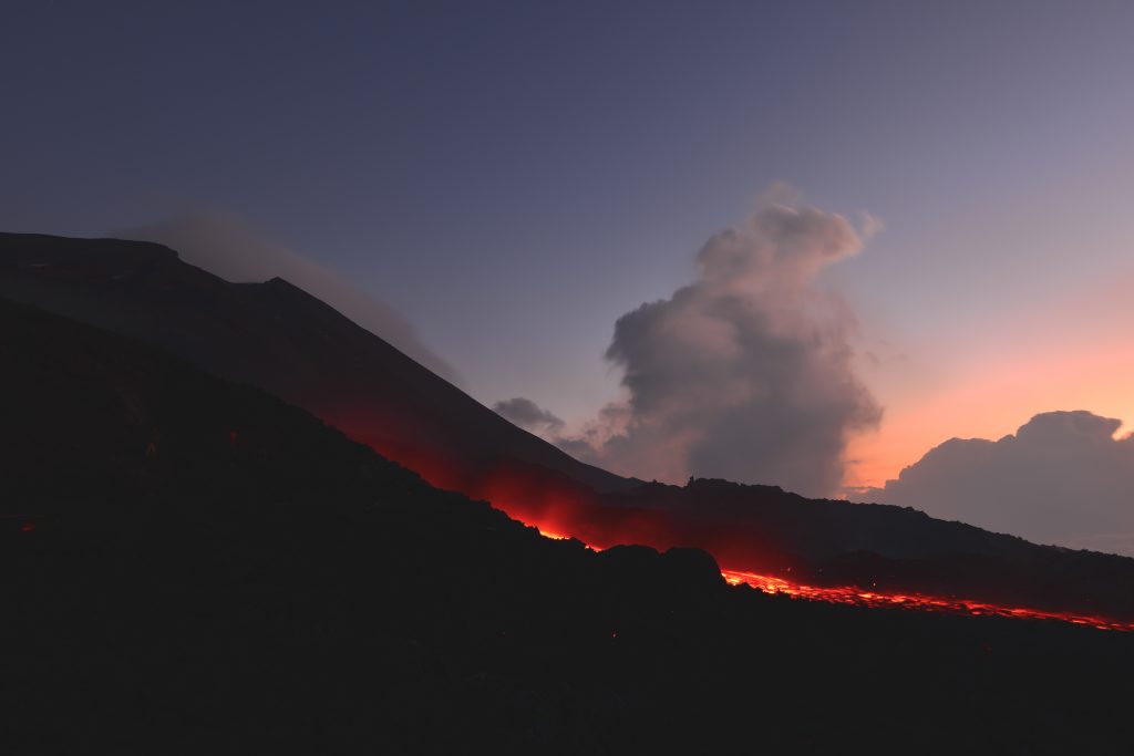 volcanic explosion at night