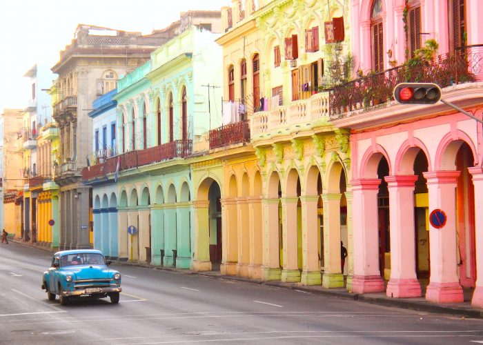 Cuba car and colorful buildings