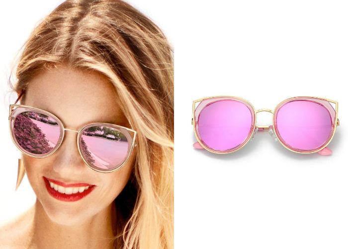 woman wearing pink sunglasses