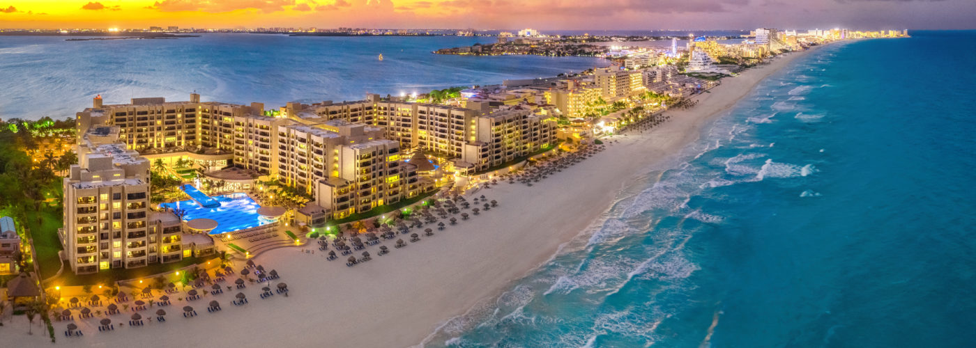 Aerial view of Cancún at sunset