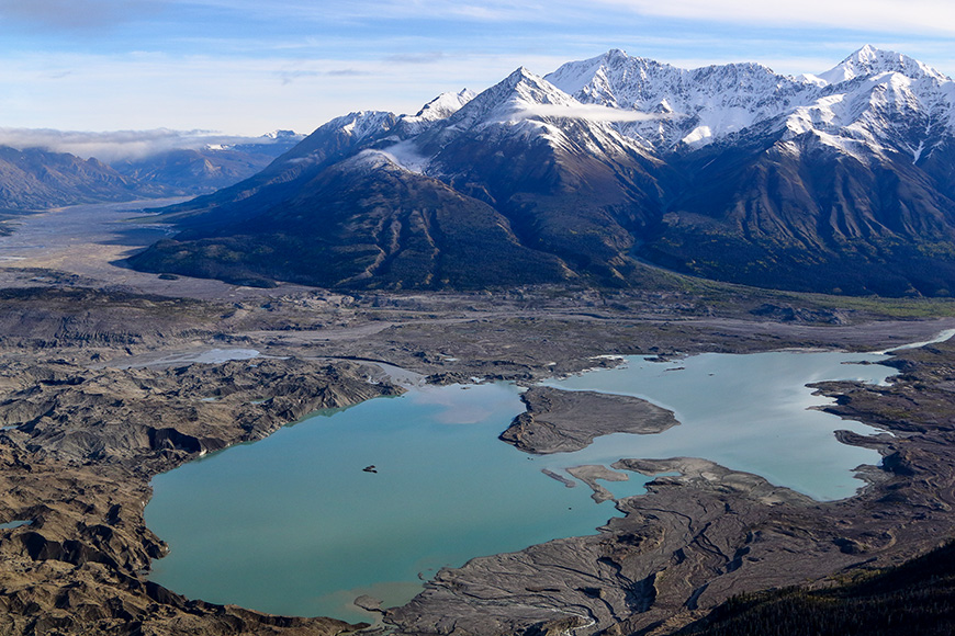 Aerial view of turquoise glacier lake in Kluane Nationalpark 