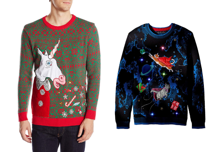 unicorn vomit christmas sweater and flying space cats sweater