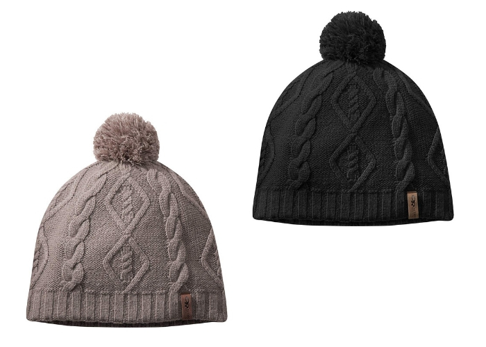 gray and black beanies with pom on top
