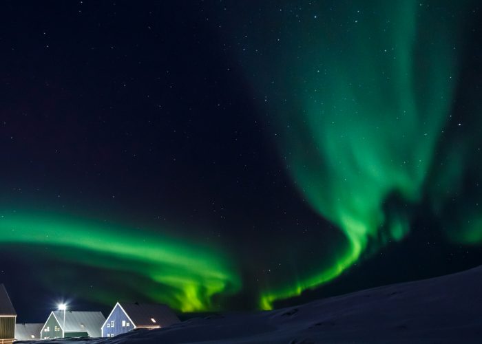 northern lights in a dark sky over houses
