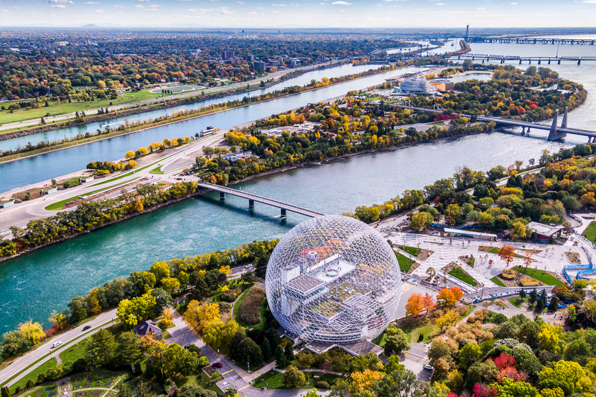 Aerial view of Montreal showing the Biosphere Environment Museum and Saint Lawrence River during Fall season in Quebec, Canada.