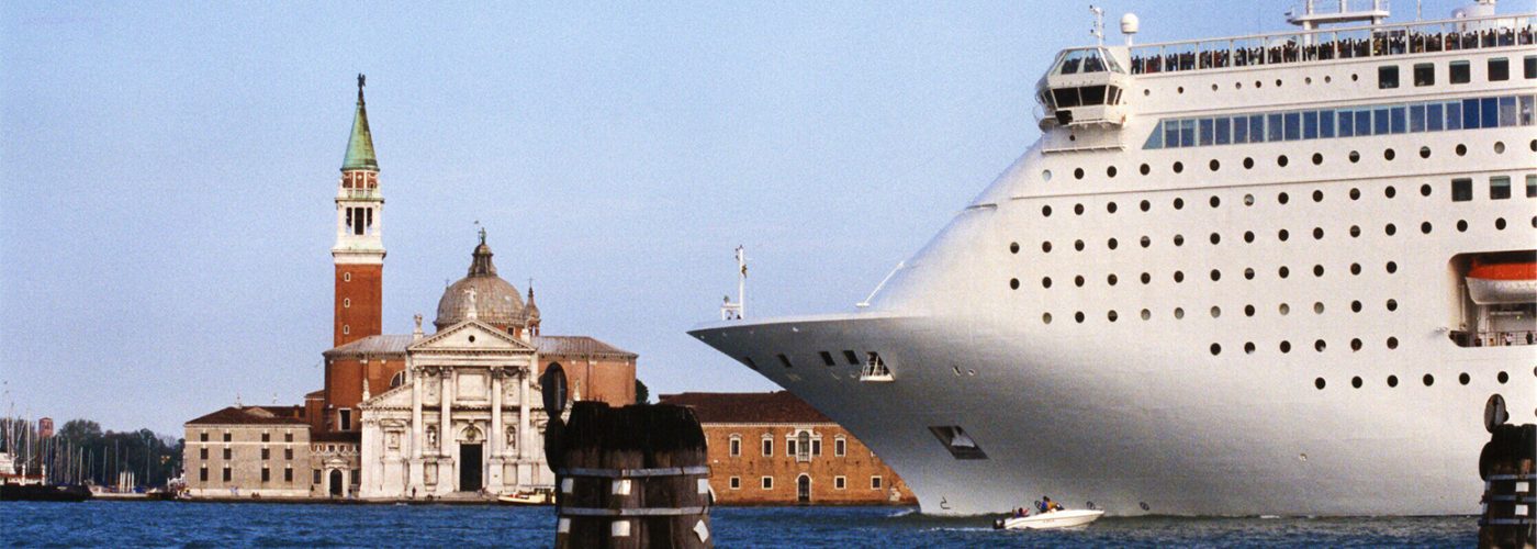 cruise ship in Venice dwarfing cathedral