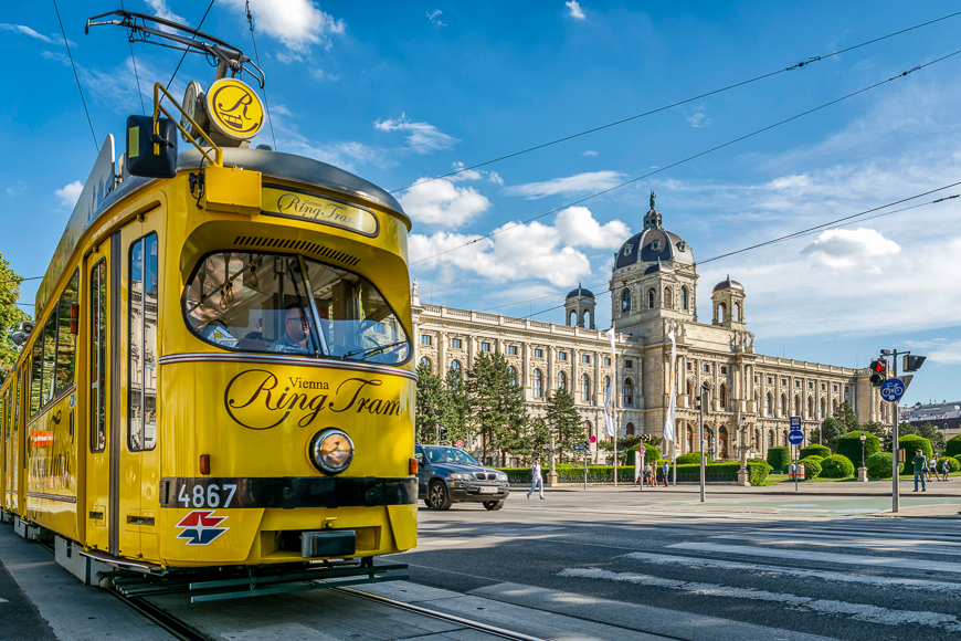 Nostalgic yellow tram "Vienna Ring Tram" in front of Kunsthistorisches Museum (Art History Museum) on Ringstrasse in Vienna, Austria.