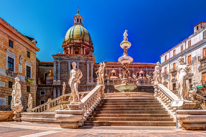 Famous fountain of shame on baroque Piazza Pretoria, Palermo, Sicily, Italy.