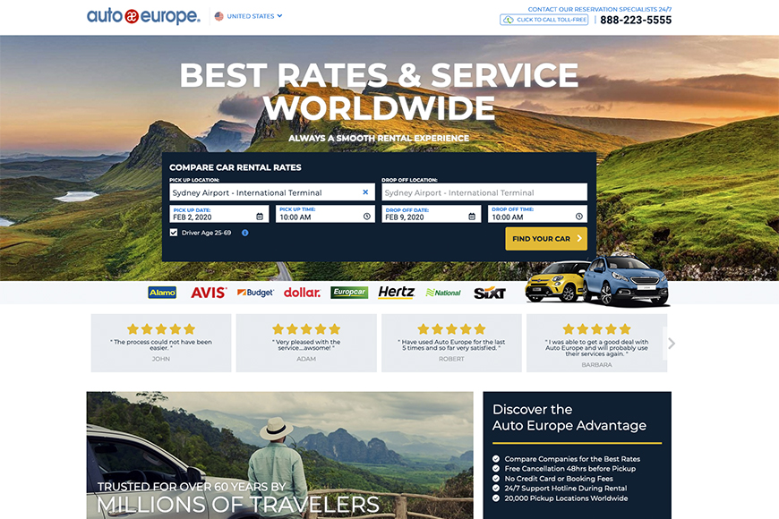 Screenshot of the main search screen of Auto Europe