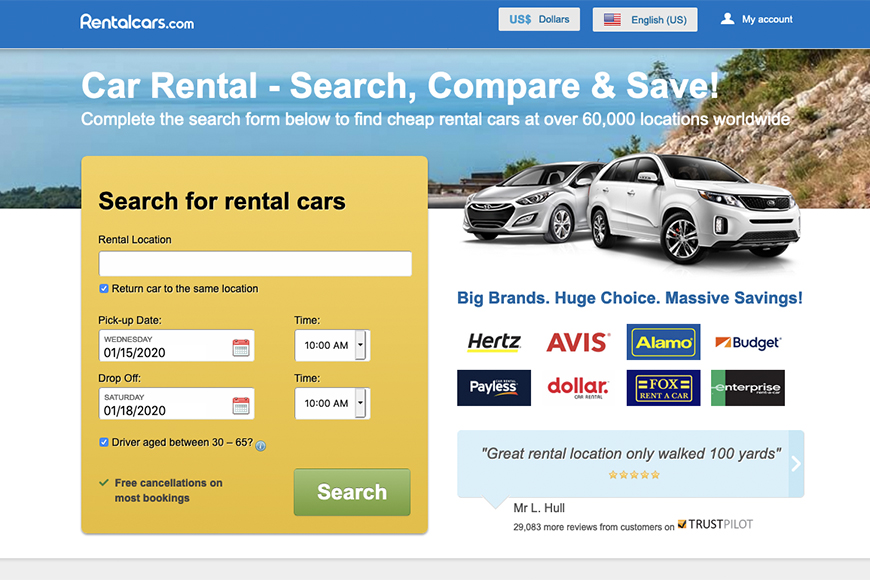 Screenshot of the main search screen of RentalCars.com