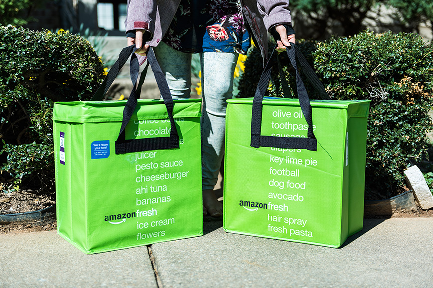 Amazon fresh insulated grocery delivery bags on front porch