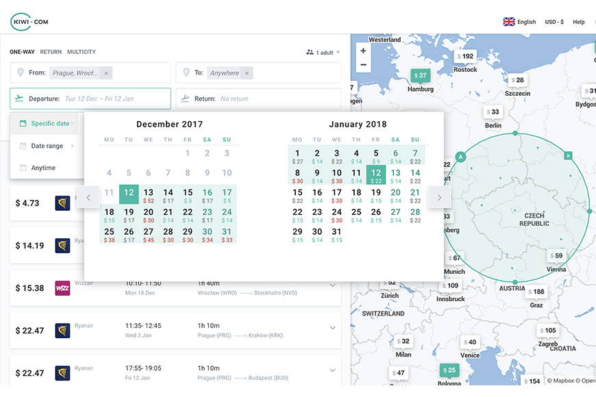 screenshot of kiwi.com showing dates booking