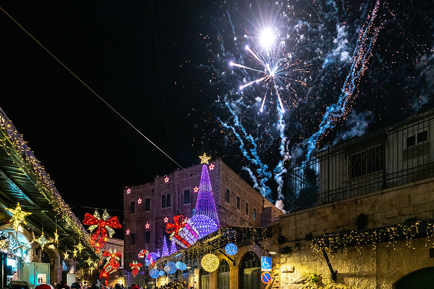 fireworks and holiday decorations in jerusalem.