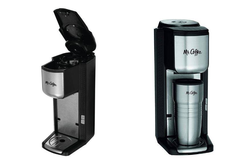 Mr. coffee’s single cup coffee maker with travel mug and grinder.