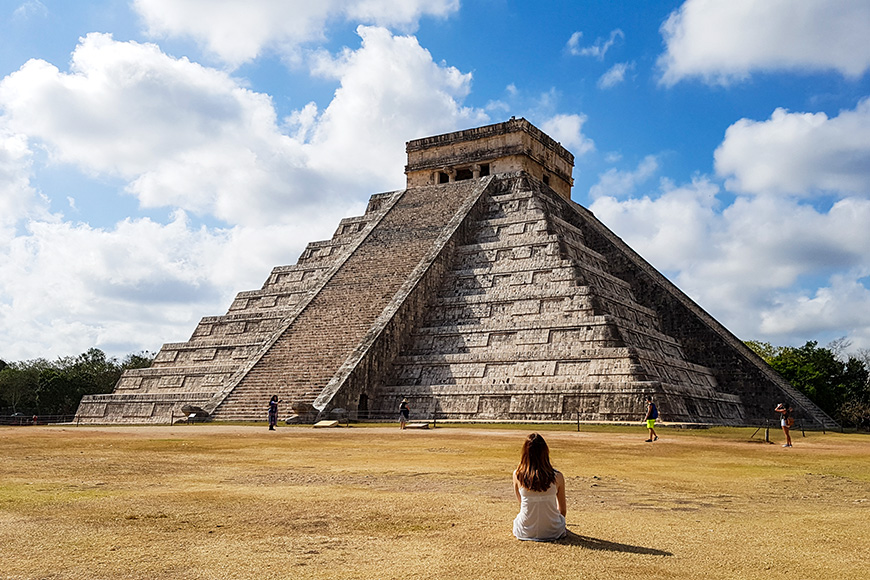 Girl in Front of Pyramide of Chichen Itza Mexico