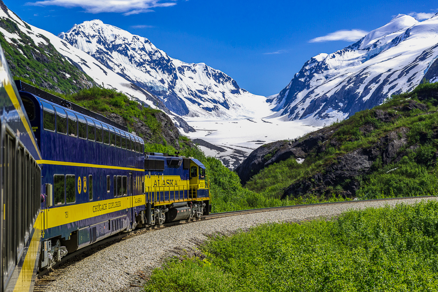 The Alaska Railroad's Glacier Discovery Train approaches Bartlett Glacier in the Chugach Mountains and the Grandview area. 