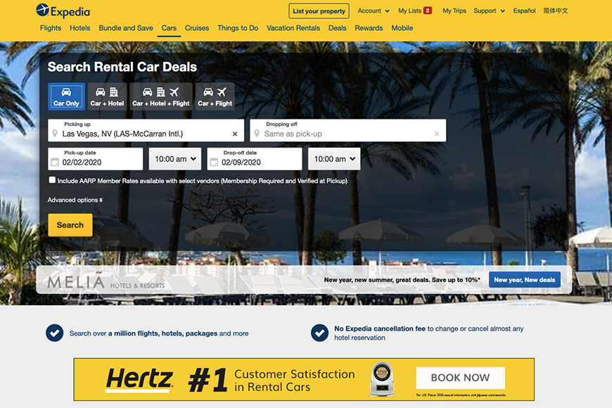 Screenshot of the main search screen of Expedia rental car search