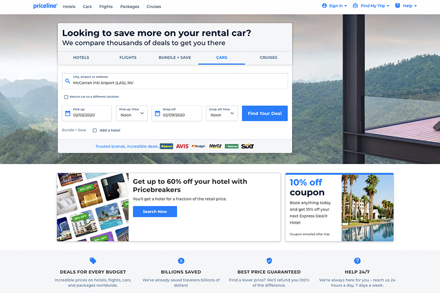 Screenshot of the main search screen of Priceline rental car search