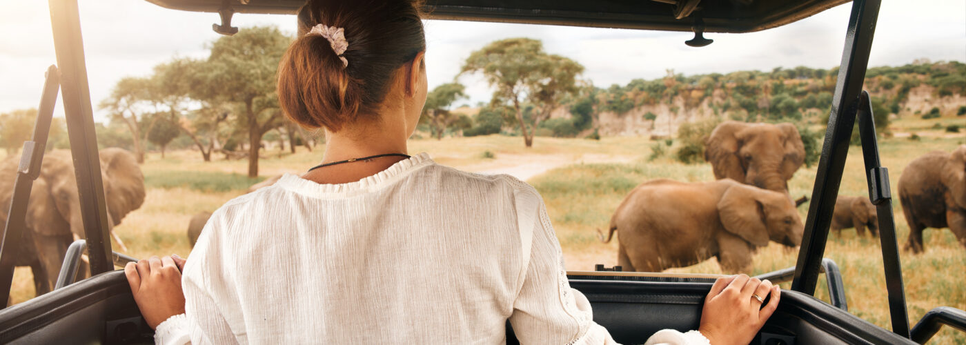 woman tourist on african safari.