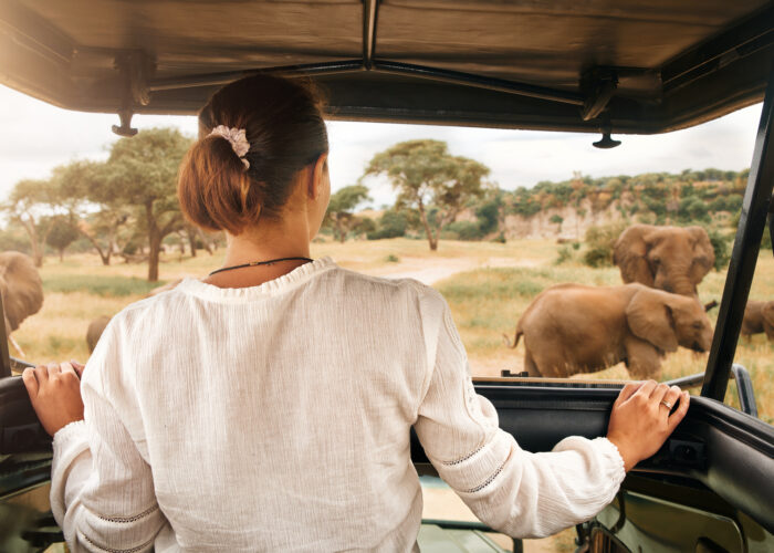 woman tourist on african safari.