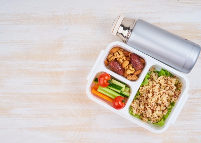packaged lunch with reusable water bottle