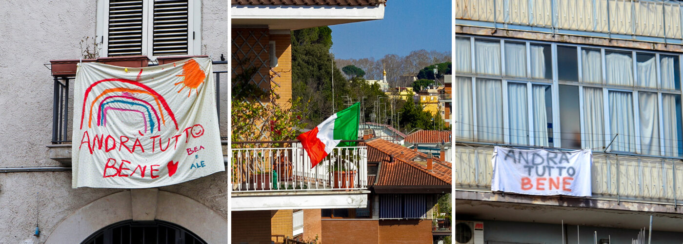 Italy balconies showing hopeful signs and italian flags in supports of medical workers