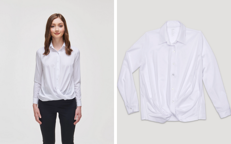 Woman wearing the Cotidie Evelyn Drape Waist Shirt (left) and a flat lay of the Cotidie Evelyn Drape Waist Shirt (right)