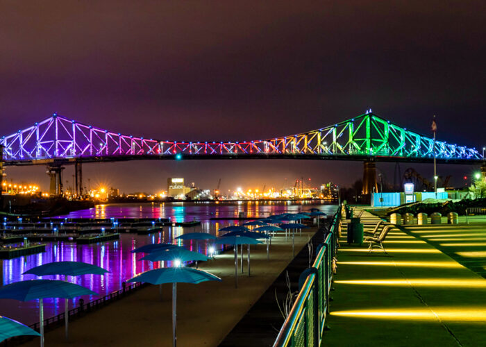 montreal rainbow bridges lit up