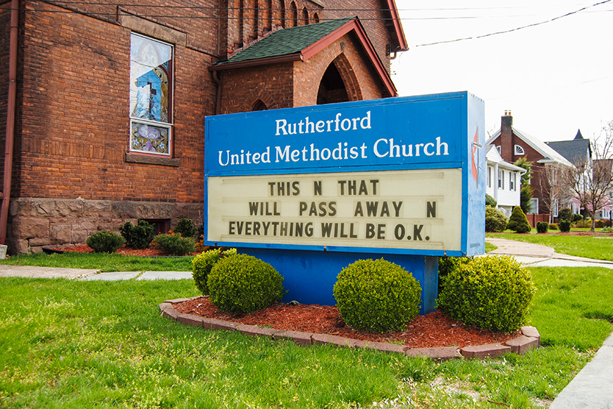 Sign on the lawn of the Rutherford United Methodist Church during the novel coronavirus (COVID-19) pandemic. 
