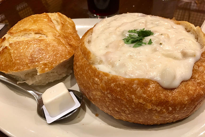 sourdough bread bowl with chowder.