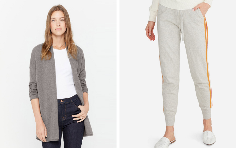 Woman wearing cardigan from State Cashmere (left) and close up of joggers from State Cashmere (right)