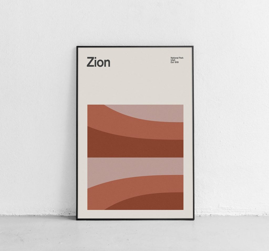 A minimalist art print with the word "Zion" across the top