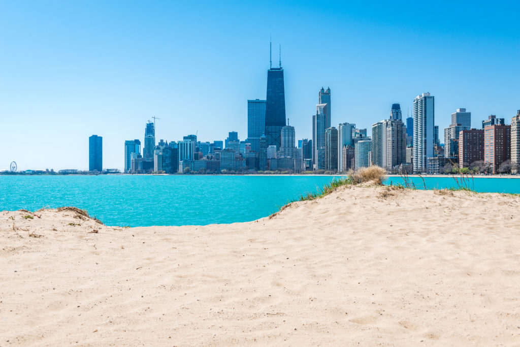 Beach in the foreground of the Chicago skyline