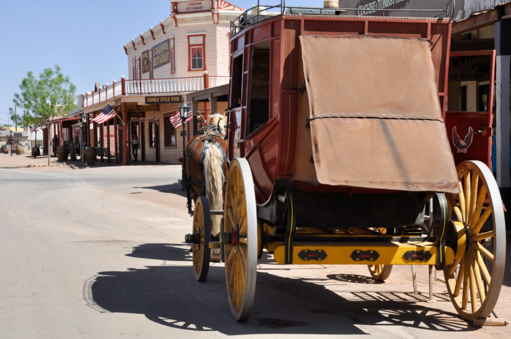Stagecoach pulled down the road of Tombstone, Arizona