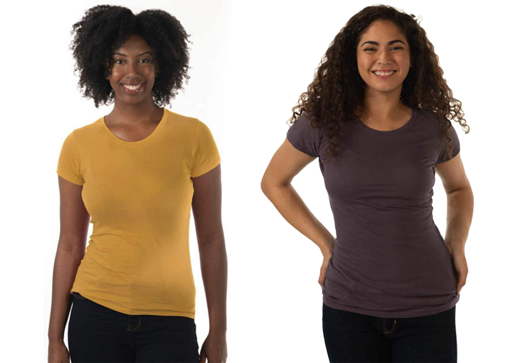 Two women wearing two color options of the ONNO bamboo t-shirts