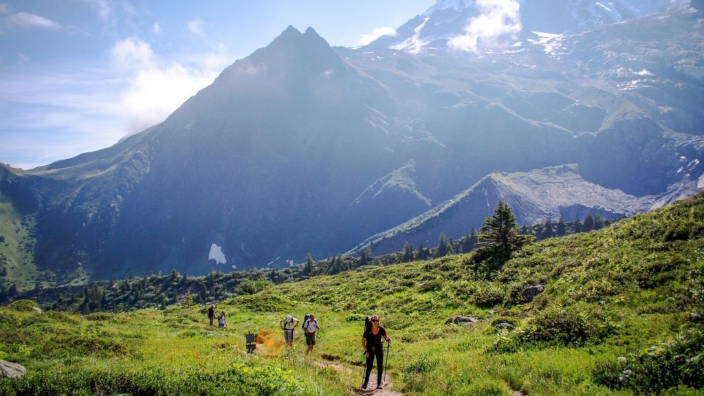 Five hikers making their way up a green trail with mountains in the background