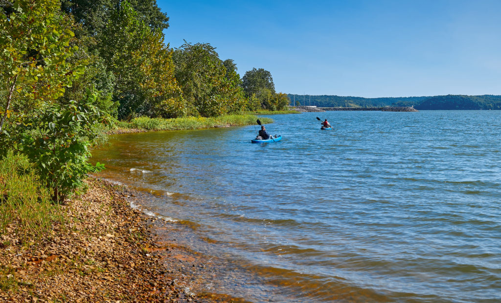 Two people kayaking on Kentucky Lake