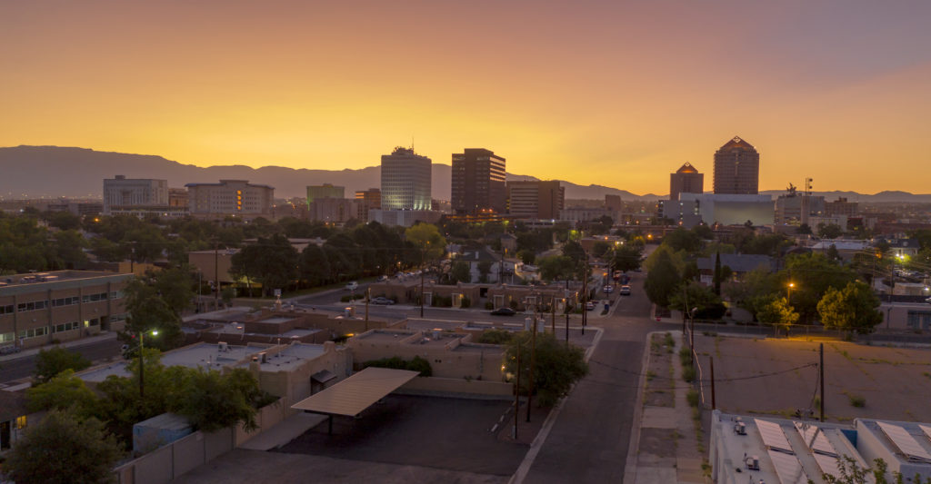 Skyline of Albuquerque, New Mexico at sunset
