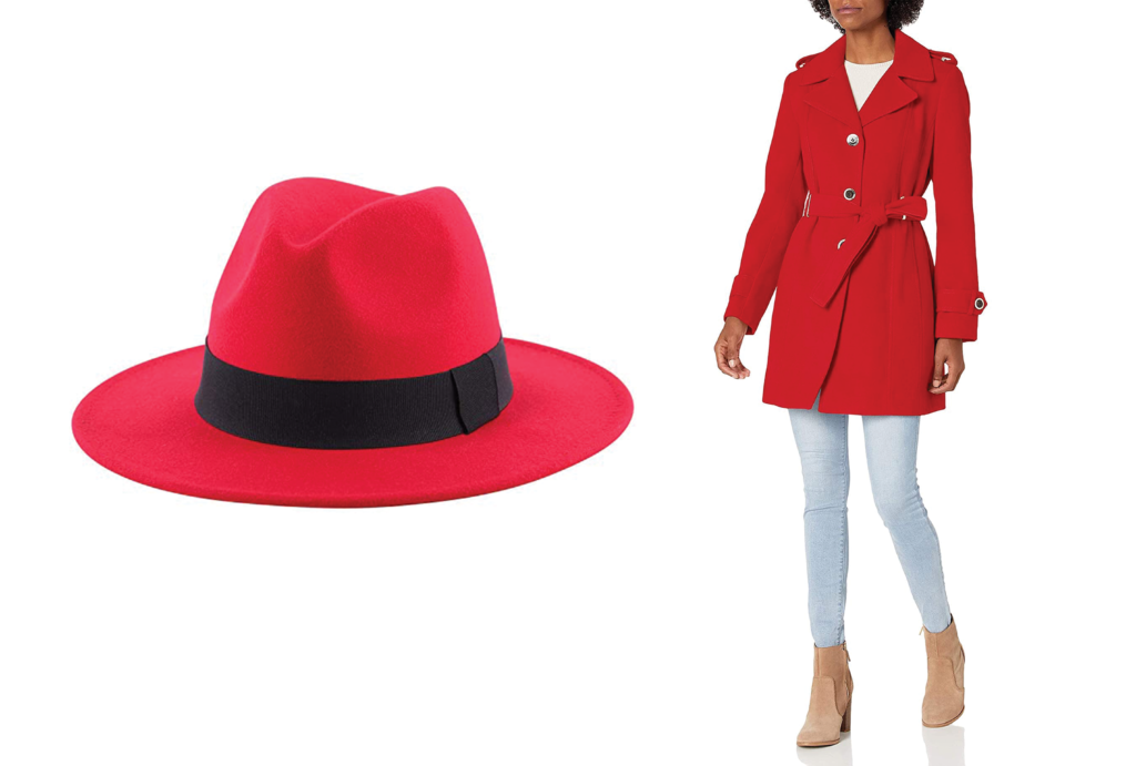 Red trench coat and red hat 