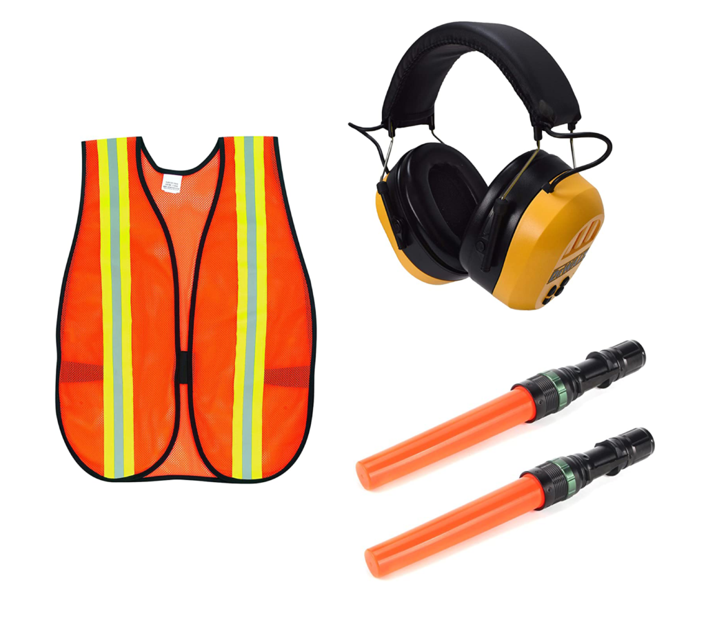 Orange safety vest, noise cancelling headphones, and light-up wands