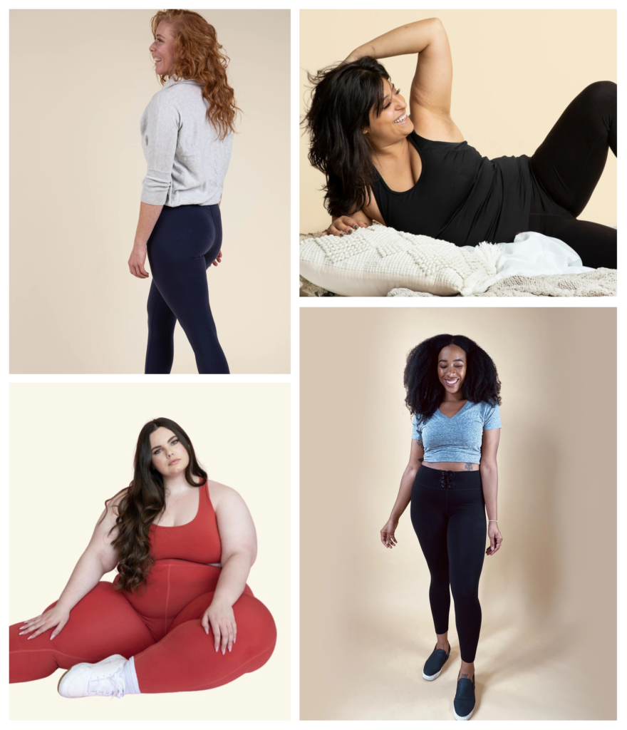 Four women wearing different cuts of the Reprise leggings