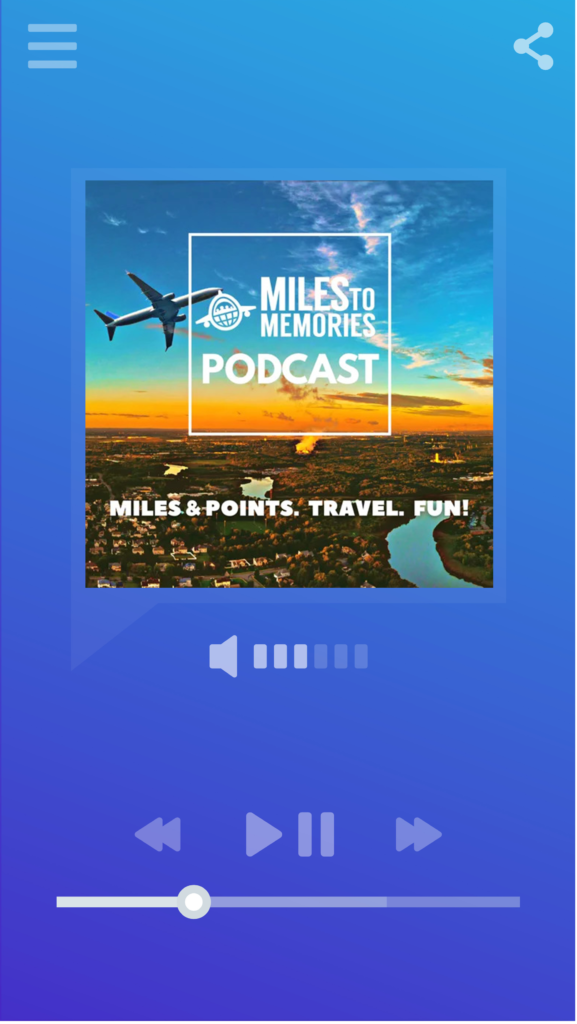 Smartphone music/podcast player displaying logo for the Miles to Memories podcast