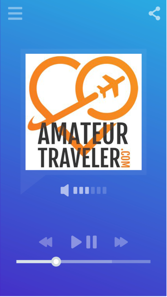 Smartphone music/podcast player displaying logo for the Amateur Traveler podcast