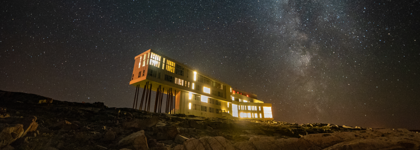 Fogo Island Inn under a starry sky
