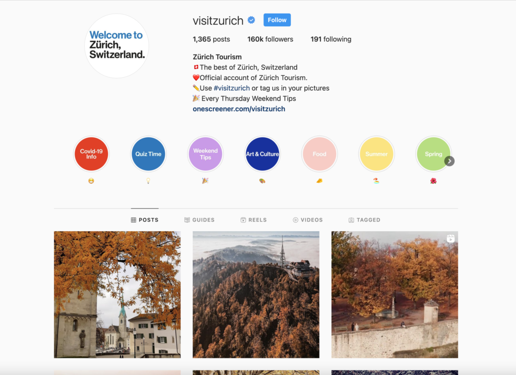 Screenshot of the official @visitzurich Instagram page