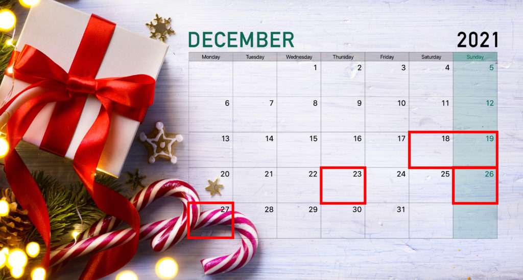 Calendar on Christmas backdrop showing the worst days to fly during the Christmas season 2021